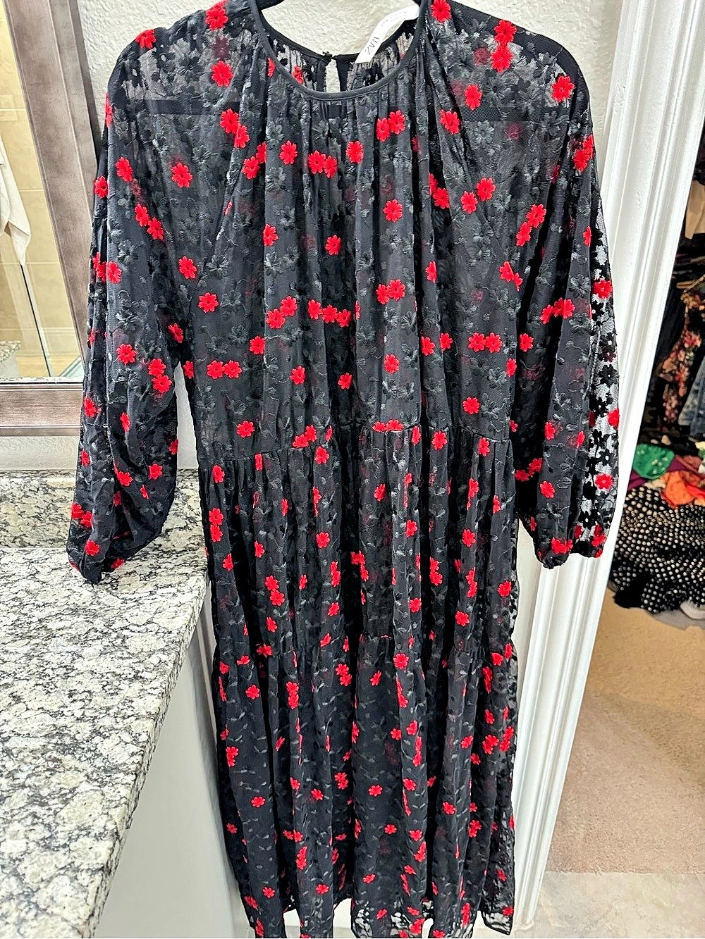 ZARA Black Red Floral Embroidered Sheer Mesh Maxi Dress Size M